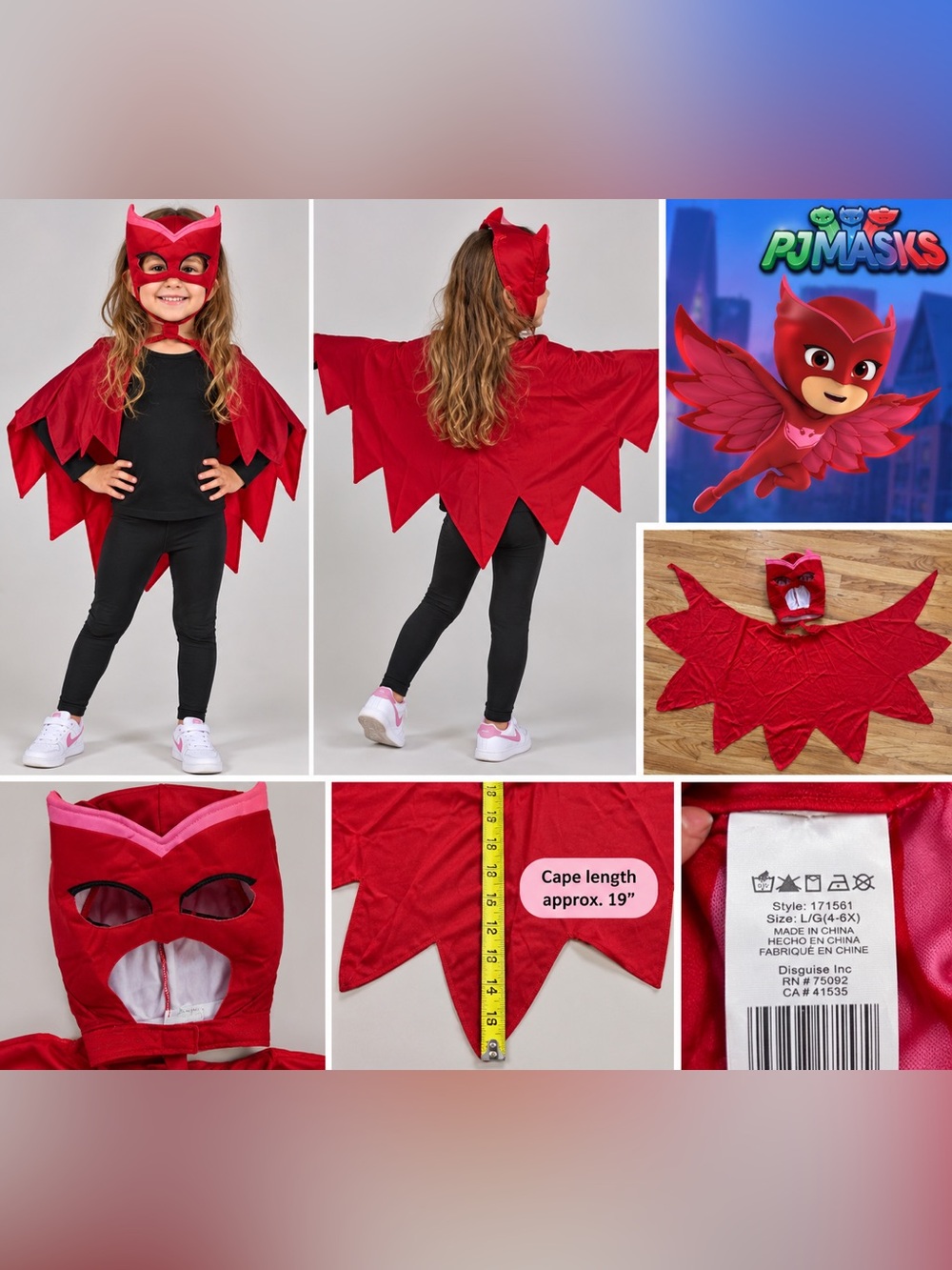 PJ Masks Owlette Girls Costume Cape & Mask Size Large 4-6X Halloween